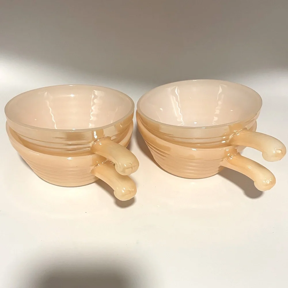 Set of 4 Fire King Oven Ware Ribbed Handled Soup Bowl Peach Beehive Vintage